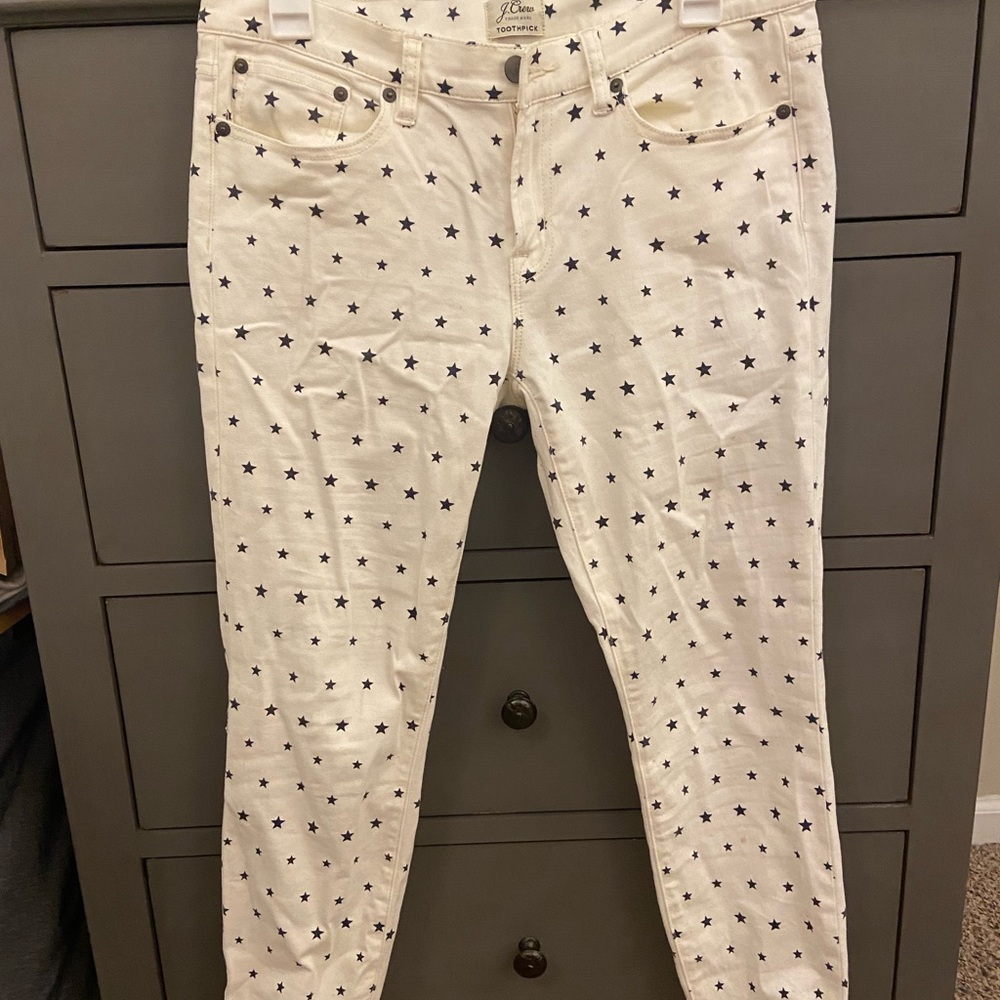 JCrew toothpick white jeans with black stars, size 29